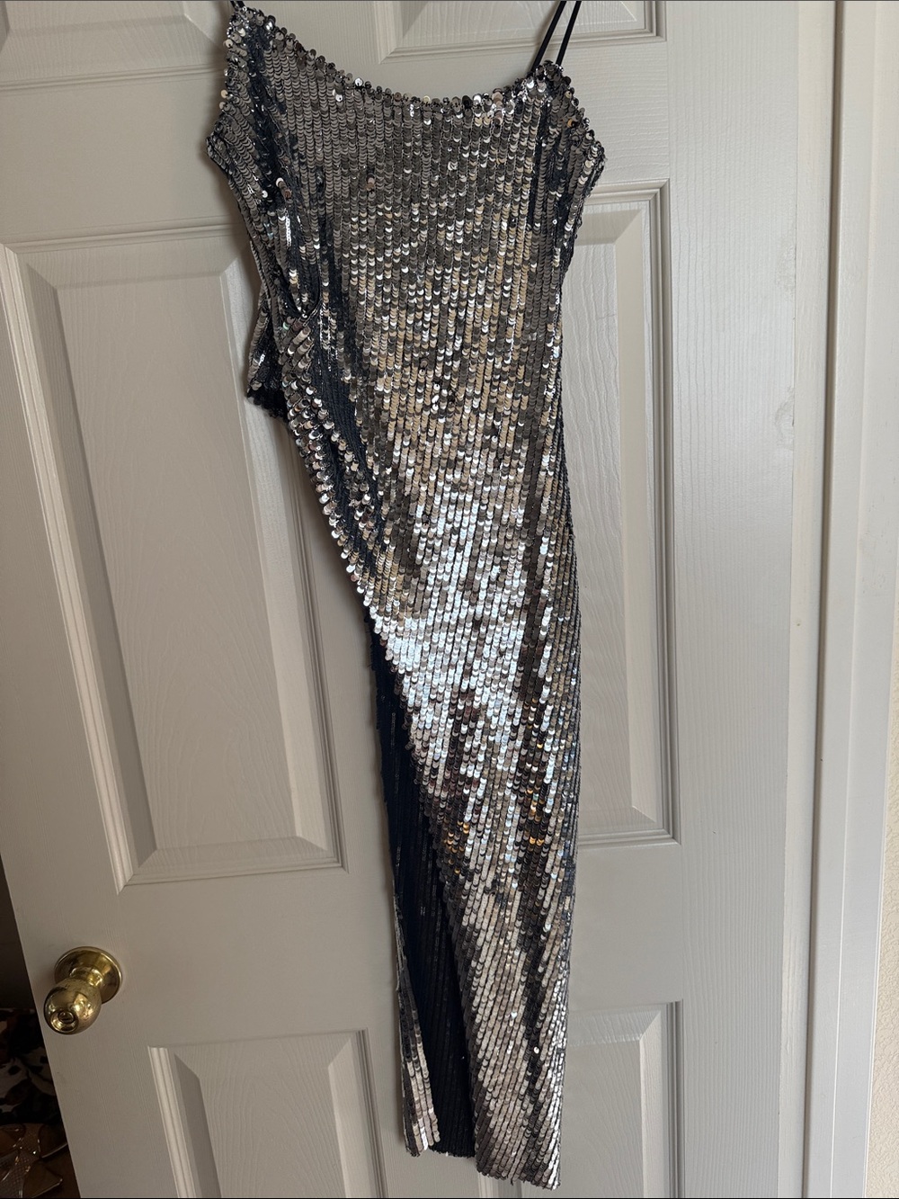 Silver Sequin Asymmetric Slip Top with Spaghetti Straps - Picture 2 of 6